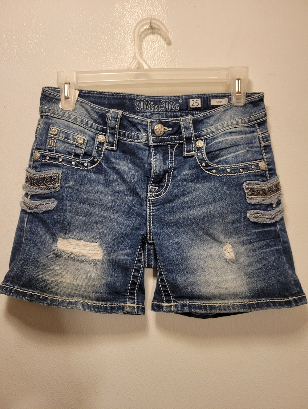 Miss Me Blue Distressed Embellished Denim Shorts